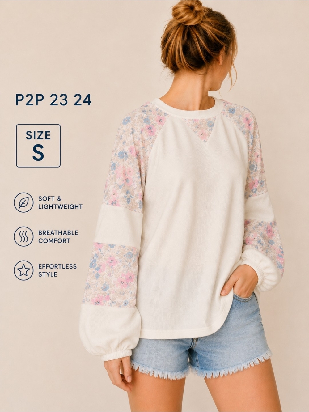 Floral-Sleeve Cream Pullover Top